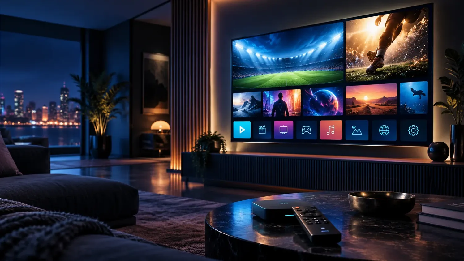 Modern television showing a streaming dashboard in a home setting
